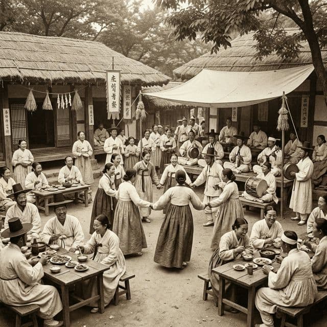 Traditional village feast with musicians and dancing